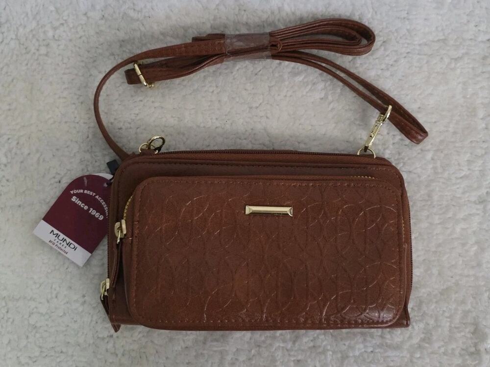 Mundi Crossbody Bag Wallet Phone Holder Cognac Brown Faux Leather Small NWT